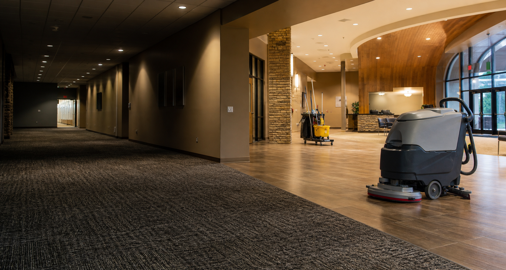 Commercial floor scrubber staged in a carpeted church or school lobby